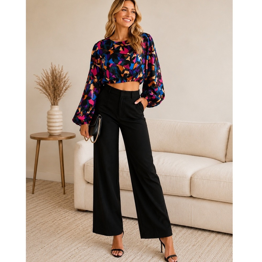 Show Me Your Mumu Mosaic Magic Cropped Satin Balloon Sleeve Blouse Top Medium